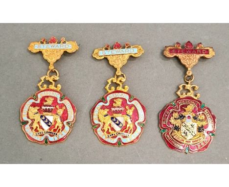 Three gilt metal and enamel Masonic jewels. 