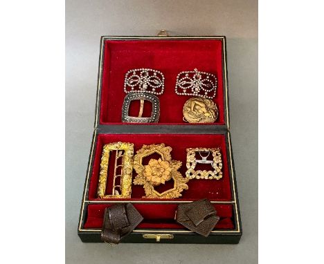 A small box of antique and vintage buckles to include 19th century cut steel, gilt and Art Nouveau. 