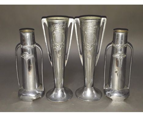 Two pairs of Art Nouveau silver plated vases comprising a pair by Henry Wilkinson Ltd and a pair by Beldray, tallest 26cm. 