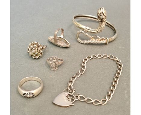 Various items of hallmarked silver jewellery, some vintage including snake bracelet, charm bracelet, four rings; marcasite, m