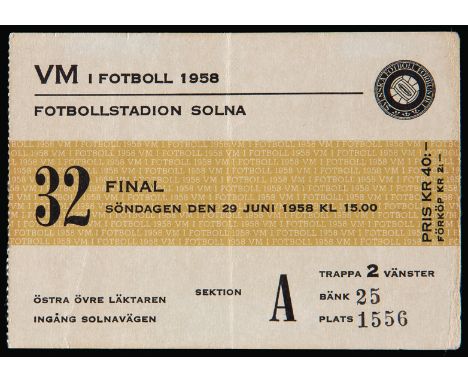 A 1958 World Cup Final ticket Brazil v Sweden played at the Rasunda Stadium, Solna, Sweden 29th June 1958
