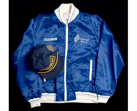 Murray Walker's BBC TV 'Grand Prix' silk jacket and Goodyear 300 Formula I Victories cap, 
a white and blue embroidered BBC T