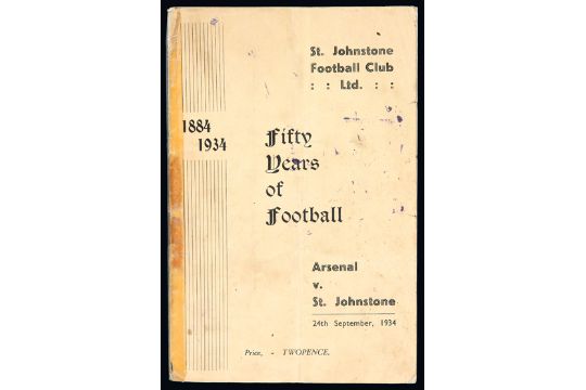 St Johnstone v Arsenal programme 24th September 1934, friendly ...