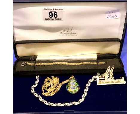 1980s cased Atwood necklace with teardrop necklace and a 925 silver bracelet with hallmarked silver Viking ship brooch. P&amp