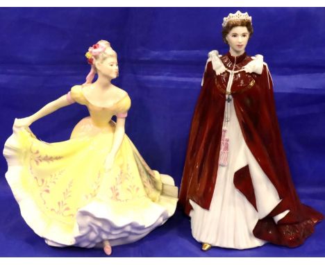 Royal Worcester figurine, The Queens 80th Birthday, H: 24 cm and a Royal Doulton lady, Ninette HN 2379, H: 21 cm. No cracks, 