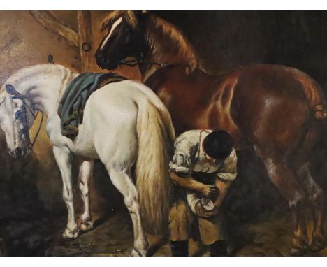 Oleograph of a Blacksmith shoeing a horse in a good quality gilt frame, 39 x 29 cm. Not available for in-house P&amp;P, conta