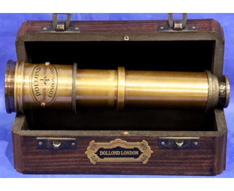 Boxed brass three drawer telescope marked Dollond London, open L: 43 cm. P&amp;P Group 2 (£18+VAT for the first lot and £3+VA