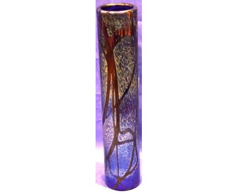 Large cylindrical iridescent glass vase by Okra, Isle Of Wight, H: 25 cm. No cracks, chips or visible restoration. P&amp;P Gr