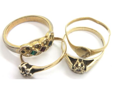 Two stone set 9ct gold rings, sizes O and L, and two further misshapen 9ct gold rings, combined 6.3g. P&amp;P Group 1 (£14+VA