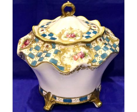 Noritake covered sucrier decorated with roses and gilt enamel, standing on four feet, H: 17 cm. P&amp;P Group 2 (£18+VAT for 