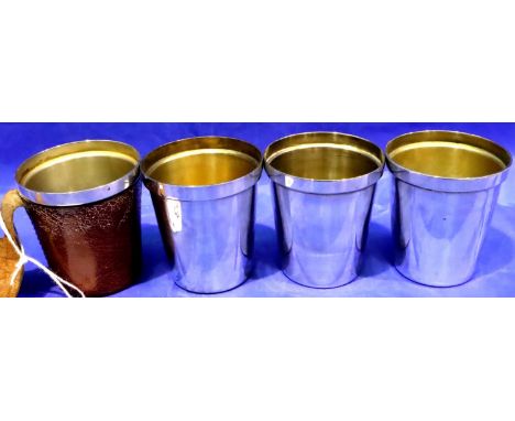 Four silver plate leather bound hunting cups. P&amp;P Group 1 (£14+VAT for the first lot and £1+VAT for subsequent lots) 