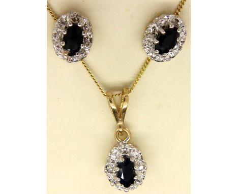 9ct gold sapphire and diamond necklace and earring set. Necklace L: 44 cm, combined 3.5g. P&amp;P Group 1 (£14+VAT for the fi