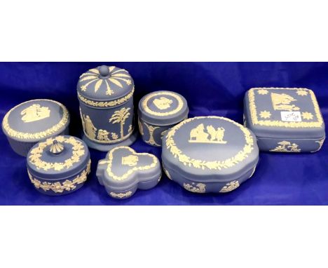 Seven Wedgwood Jasperware powder blue lidded boxes and jars. P&amp;P Group 3 (£25+VAT for the first lot and £5+VAT for subseq