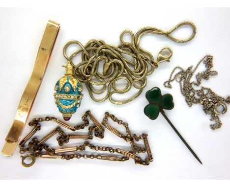 Collection of vintage costume jewellery, including an enamelled egg pendant, tie clip, neck chains etc. P&amp;P Group 1 (£14+