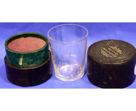 19th century leather cased medicine glass. Box worn, glass appears to be in good condition. P&amp;P Group 1 (£14+VAT for the 