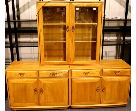 Ercol Windsor light elm amalgamated wall unit of two small sideboards and a glazed two door display cabinet, 183 x 44 x 161 c