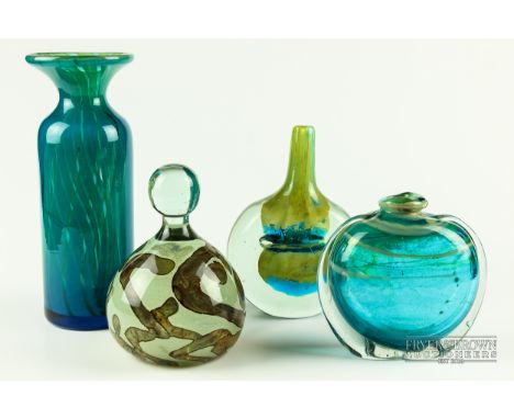 Three Mdina art glass vases, in tones of green, blue and yellow; and a Mdina dump or paperweight, with knob top (4)