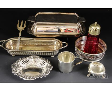A Georgian silver circular salt; a Gorham sterling silver christening mug; an Art Deco silver plated tureen & cover; and othe