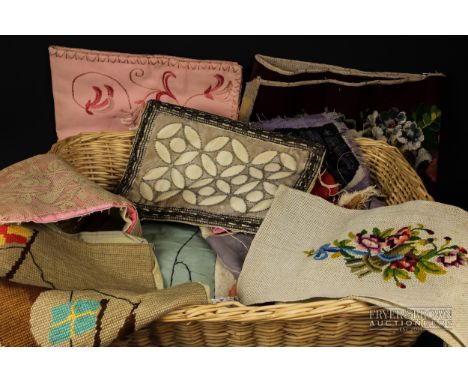 A quantity of various tapestry, woolwork and beadwork panels; pyjama cases; and kid leather gloves (qty)