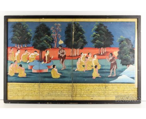 A large Burmese Buddhist manuscript, Shan region, probably depicting a scene from the life of Buddha, two figures with paraso