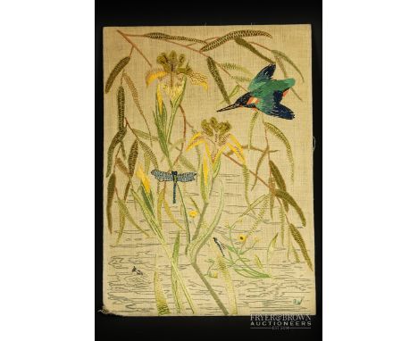 A needlework on linen fire screen panel, 20th century, worked as kingfishers and dragonfly amidst flowering bushes, signed R.