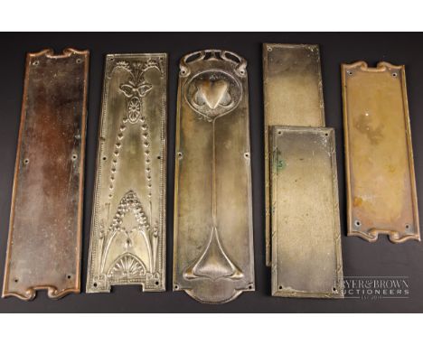 Six early 20th century door finger plates, including an example with Art Nouveau design, c1900 (6)