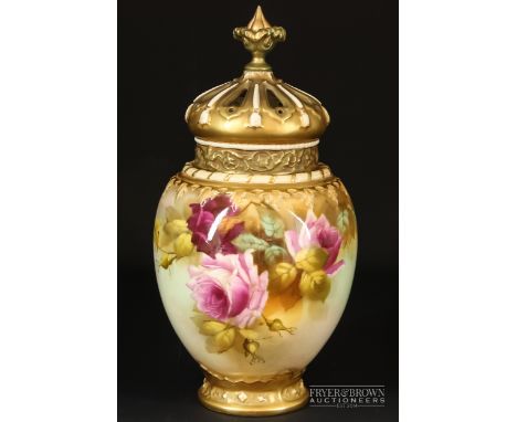 A Royal Worcester potpourri vase & cover, painted with pink and red cabbage roses, shape no. 2048, printed mark and date code