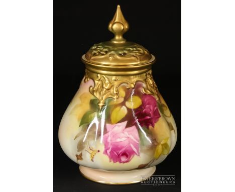 A Royal Worcester potpourri vase & cover, painted with pink and red roses, of lobed money bag form, shape no. H291, printed m