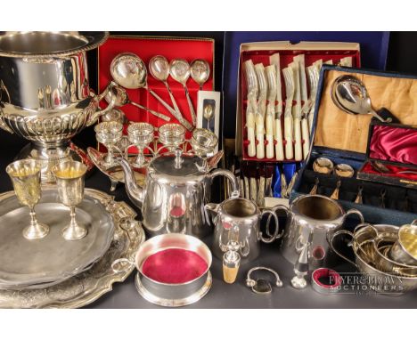 A quantity of silver plated & metalware items, including an wine cooler, trays, flatware, etc. (qty)