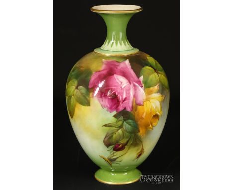 A Royal Worcester porcelain vase, painted with pink and yellow roses on an ovoid body, signed A. Hood, printed mark, shape no