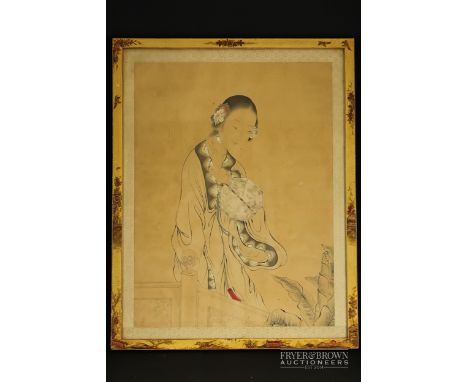 A Chinese pen & ink drawing of a young lady in flowering robes standing by a fence, paper laid on silk, within a European chi