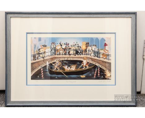 Linda Jane Smith - 'The Masquerade', cats in carnival dress on a Venetian bridge with gondola below, limited edition photo li