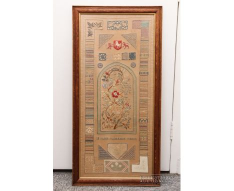 An early 20th century sampler, by Elsie Florence Wells, aged 9, dated (19)27, worked in pastel and gold threads, the central 
