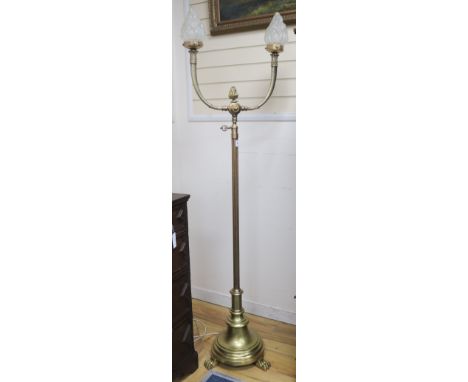 A gilt metal 2-branch telescopic lamp standard, H.185cm