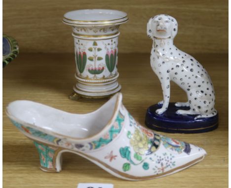 A tinglaze famille verte model of a shoe, a Staffordshire dalmatian and an English porcelain spill vase