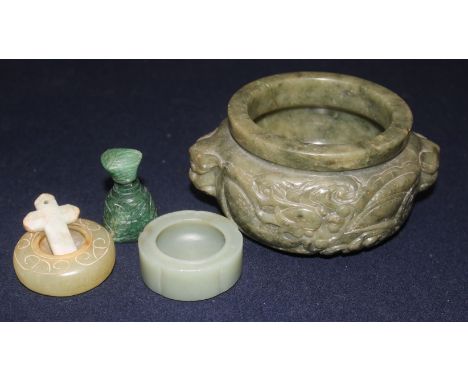 A Chinese finely carved stoneware censer and two jade brushwashers, a crucifix and a bottle