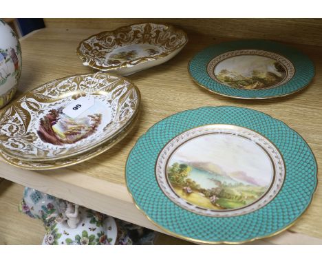 A pair of early 19th century landscape plates, a pair of similar Derby plates and a Derby shaped dish, the pair of plates num