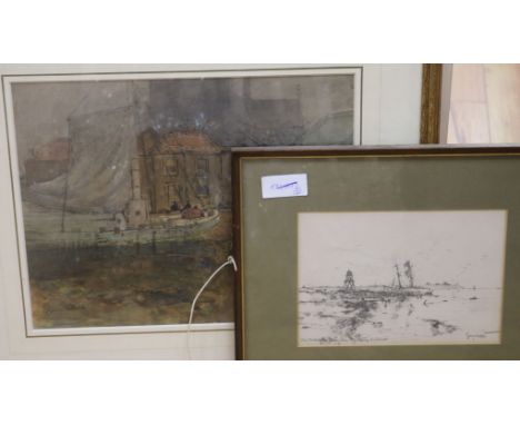 George HortonwatercolourFishing boats in harbour, 29 x 37cmand a pencil sketch of Shields Harbour
