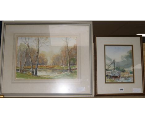 D N MorganwatercolourWoodland Pool and a sketch of a fishing boat in harbourlargest 27 x 37cm