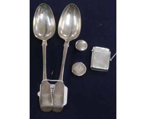 A pair of Victorian silver tablespoons, Newcastle 1848, Reid & Sons, a silver vesta case and two silver patch boxes, one init
