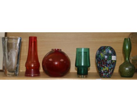 A Stromberg engraved glass vase and five other glass vases