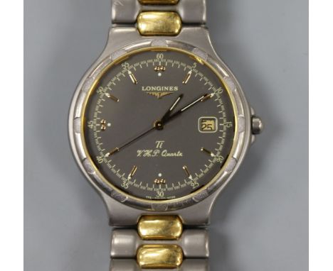 A Longines Conquest VHP Quartz gentlemens' wristwatch, with black dial, gold-plated and titanium bracelet, serial no. 2647351
