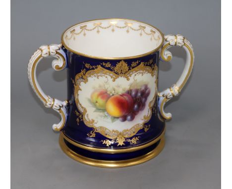 Richard Sebright for Royal Worcester. A fruit painted two handled cup height 15.5cm
