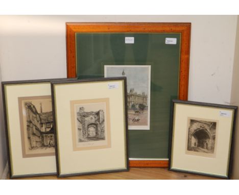 Three black and white etchings and a coloured print of 'The Town Hall, Sydney' etchings including 'Land Gate, Rye' and 'The C