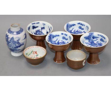 Four Chinese cafe au lait glazed stem cups and two bowls and a blue and white tea caddy tallest 11.5cm