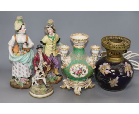 A pair of Joseph Petite figures and a vase, a lustre oil lamp base and a figure