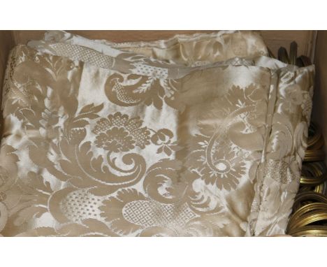 A quantity of green stripe damask curtains