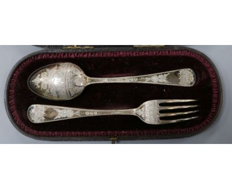 A cased Victorian silver christening fork and spoon, G.M. Jackson, London, 1889.