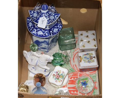 A mixed collection of decorative ceramics and glassware, including a Rye Pottery figure of the Wife of Bath, a Japanese blue 