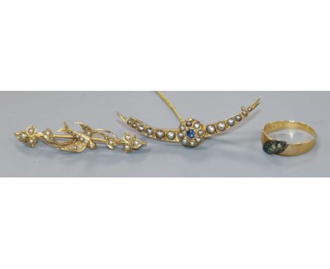 Two bar brooches and an 18ct gold ring (lacking stones), one brooch marked 15ct, set with seed pearls and mounted with a swal